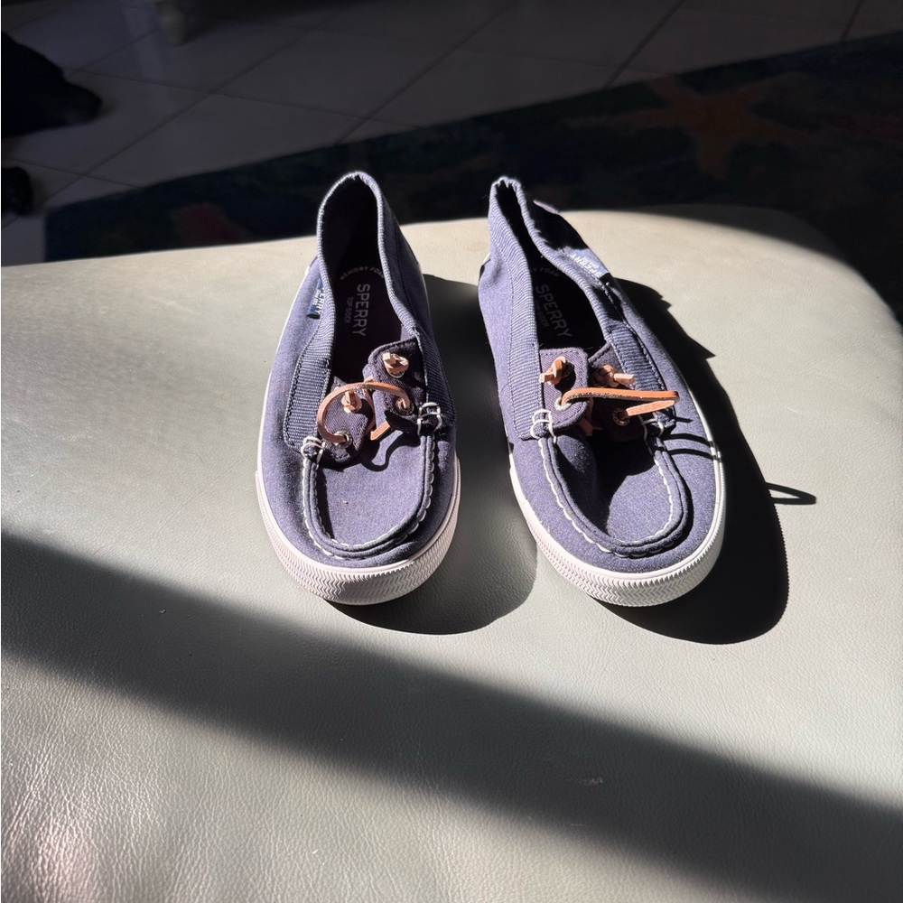 Sperry Dark Blue Slip-On Shoes with White and Brown Accents